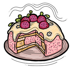 Wall Mural - Sweet dessert cake with fruits for celebration birthday party or wedding, tasty breakfast. For cafe, restaurant menu print, postcard or poster. Hand drawn illustration. Cartoon style line art drawing.