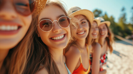 several smiling pretty cute young women outdoor at summer time selective focus