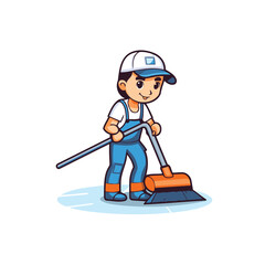 Sticker - Cleaning service worker with broom. Vector illustration in cartoon style.