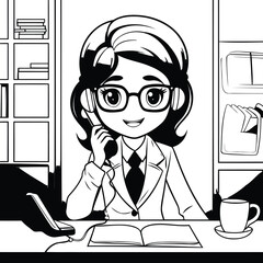 Poster - Businesswoman talking on the phone in office. Black and white illustration.