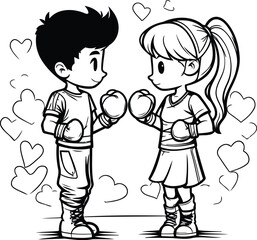 Poster - Boy and girl boxing with hearts on the background. Vector illustration.