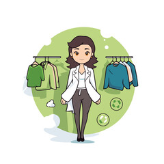 Canvas Print - Businesswoman with clothes in the store. Vector illustration in cartoon style