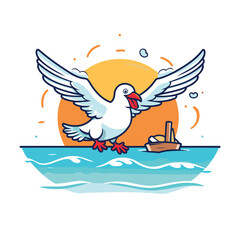 Poster - Vector illustration of a seagull with a boat on the sea