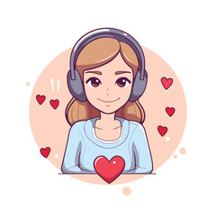 Sticker - Cute girl with headphones and heart. Vector illustration in cartoon style.