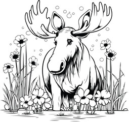 Poster - Moose in the meadow with flowers. Monochrome vector illustration.