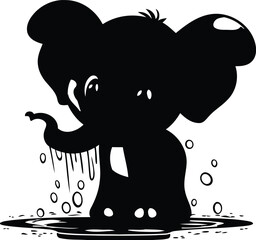 Wall Mural - Cute cartoon elephant in puddle. Black and white vector illustration.