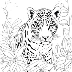 Wall Mural - Jaguar in the jungle. Hand drawn vector illustration in black and white