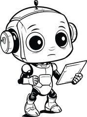 Wall Mural - Cute little robot holding a tablet computer. Vector cartoon illustration.