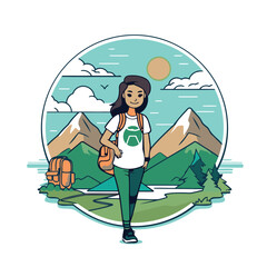 Sticker - Hiking woman with backpack and mountain landscape round icon vector illustration graphic design