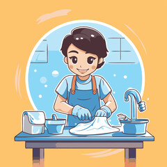 Wall Mural - Vector illustration of a girl washing dishes. Cute cartoon style.