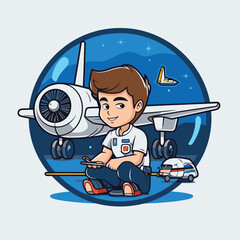 Canvas Print - Cartoon boy sitting on the ground with airplane. Vector illustration.