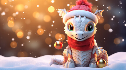 Wall Mural - Banner with small cute dragon with bokeh winter snow background. Chinese New Year decoration close up of dancing dragon on festive background