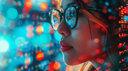 Wall Mural - Artistic interpretation of a woman in glasses, with reflections of a digital world, symbolizing her connection to technology