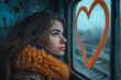 portrait of  a girl looking out at a window with a beautiful heart on the window. valentine's day
