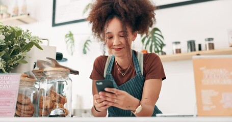 Poster - Barista, happy woman or phone on social media in cafe for online post or website in coffee shop. Small business owner, smile or waiter with technology for texting a message to chat in startup store