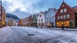 Panorama of historical buildings of Bergen at Christmas time. View of old wooden Hanseatic houses in Bergen