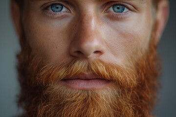 Poster - Close up portrait of a young bearded confident Caucasian blue eyed man looking at the camera