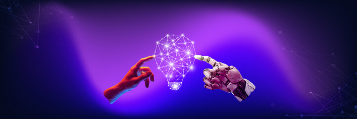 3D model of robotic hand with digital lightbulb over gradient purple background. Conceptual design. Artificial intelligence services. Concept of business, innovation, technology