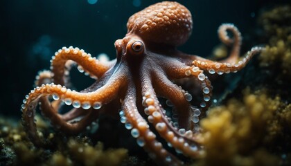 Wall Mural - Octopus. Close-up of a large octopus with tentacles. Marine life. Selective focus. AI generated