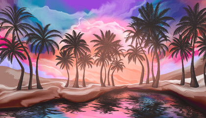 Wall Mural - seascape with palm trees at sunset, neon, silhouettes of palm trees, reflection in the water.