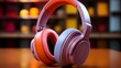 A pair of noise-canceling headphones on a modern workspace, the ear cups and headband designed for comfort and style, set against a vibrant solid color