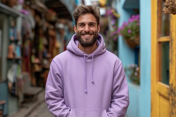 Wall Mural - A young happy confident bearded Caucasian man wearing lilac hoodie against blurred street background