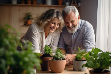 Wall Mural - Caucasian married senior mature couple planting herbs in living room