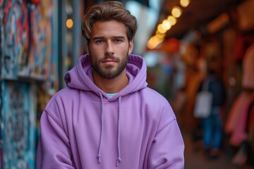 Wall Mural - A young confident bearded Caucasian man wearing lilac hoodie against blurred background