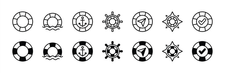 Wall Mural - Lifebuoy thin line icon set. Life buoy thin line icon with steering wheel, anchor, compass, wave, and wind rose for help, support, service. Vector illustration