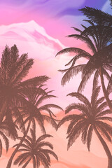Wall Mural - seascape with palm trees at sunset, neon, silhouettes of palm trees, reflection in the water.