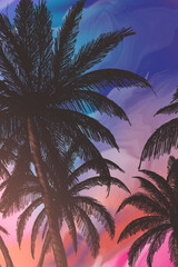 Wall Mural - seascape with palm trees at sunset, neon, silhouettes of palm trees, reflection in the water.