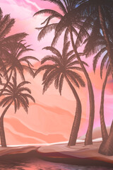 Wall Mural - seascape with palm trees at sunset, neon, silhouettes of palm trees, reflection in the water.