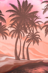 Wall Mural - Seascape with palm trees at sunset, neon, silhouettes of palm trees, reflection in the water.