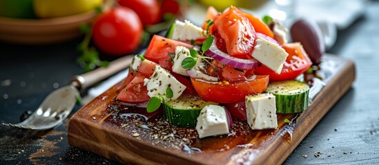 Wall Mural - Delicious Greek salad appetizers on a wooden cutting board, perfect for wine or snacking