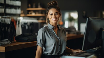 Wall Mural - Portrait of a smiling female cashier consultant at a fashion clothing store.