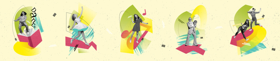 Sticker - Panorama collage of young girl reading book and dancing listen notes music when old cool grandfather hold disco ball over green background