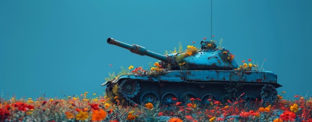 Wall Mural - A symbol of contrast, a tank adorned with delicate flowers becomes a reminder of the beauty that can still be found amidst the destructive nature of war