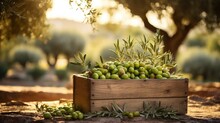 Olive Harvest. Green Olives In A Wooden Box Against The Background Of An Olive Tree Plantation. Beautiful Bokeh Of Nature, Sunlight. Olive Growing, Agribusiness, Agriculture