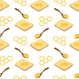 Fototapeta  - seamless pattern with good morning in cartoon style, print of toast, spoon with honey and honeycomb, flat vector illustration