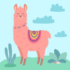 Wall Mural - cartoon card with llama, cactus and clouds