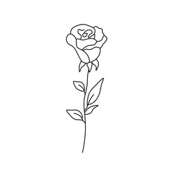 Wall Mural - vector isolated one single rose bud with stem and leaves colorless black and white contour line easy