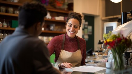 Wall Mural - A happy beautiful smiling cashier woman, serving a customer in a grocery store, cafe.