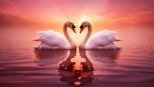 Two Swans That Face Each Other To Make A Heart Shape, Romantic Sunset Background For Valentine Day / Anniversary - Swans Valentine	