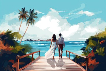 Wall Mural - romantic wedding couple by the ocean illustration
