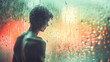 Silhouette of a thoughtful guy through a rain-splattered window, evoking a sense of solitude and reflection.