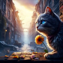 Cat With Blue Eyes In An Old Haunted Building With A Flower In Its Mouth Digital Art Illustration Cinematic Background Vintage Look Created With Generative Ai