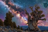 Fototapeta Las - An ancient bristlecone pine forest under a star-filled night sky, majestic nature landscape and background.

