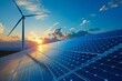 © Wirestock - a wind turbine and solar panels near the sky, near sunset