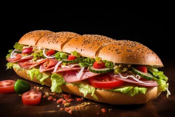 Wall Mural - hoagie roll or submarine sandwich closeup isolated on black background. American hot dish with bread filled with meat, cheese, vegetables and condiments.