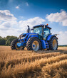 An agricultural tractor is working in a field on a sunny day